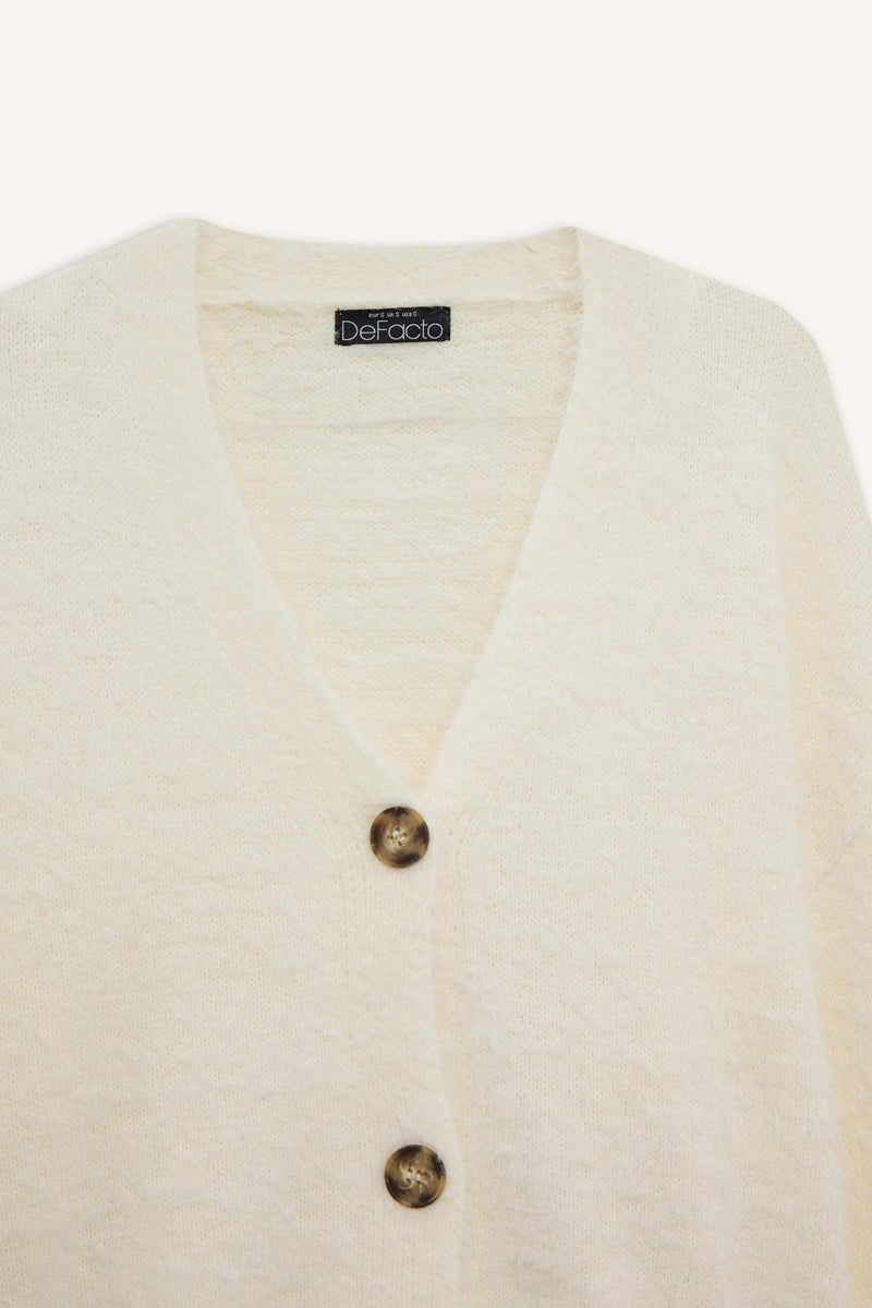 DeFacto Beige Woman Oversize Fit V-Neck Knitwear Cardigan Casual - Image 3